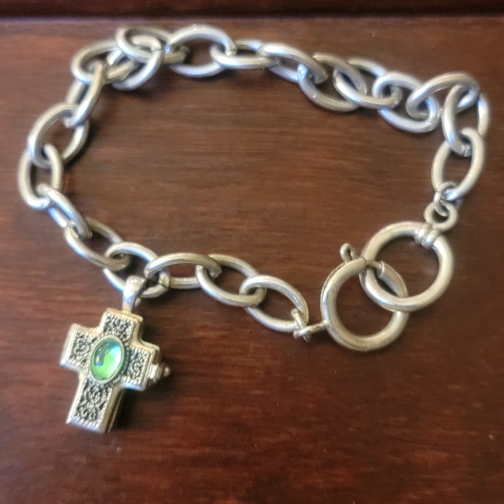 Source Unknown Silver Bracelet with Green Cross Pendant